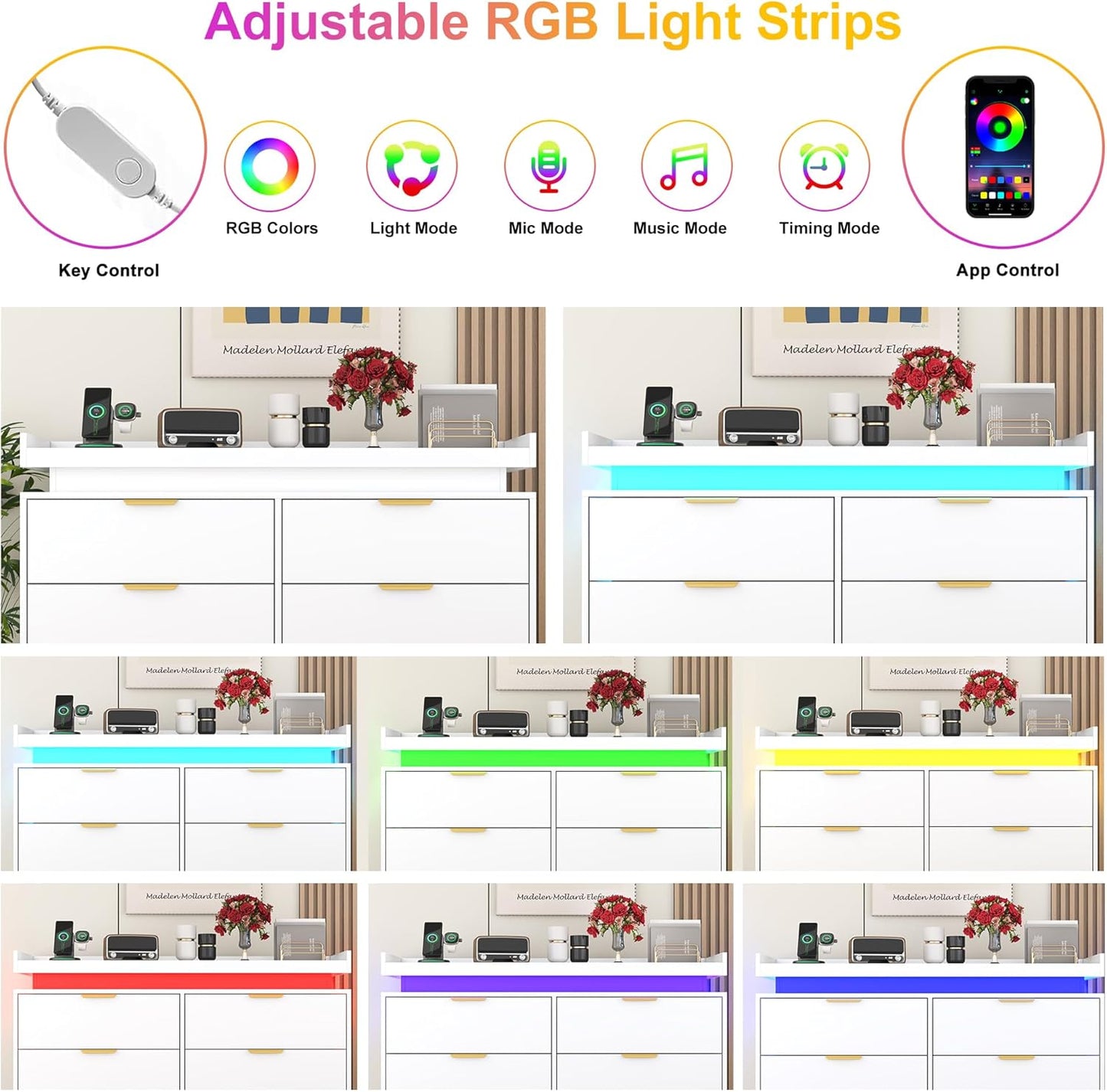 6 Drawer Dresser for Bedroom, White Dresser with LED Lights and Power Outlet, Modern Chest of Drawers for Closet, Double Wide Drawer Organizer Cabinet for Bedroom, Living Room, Entryway, Hallway