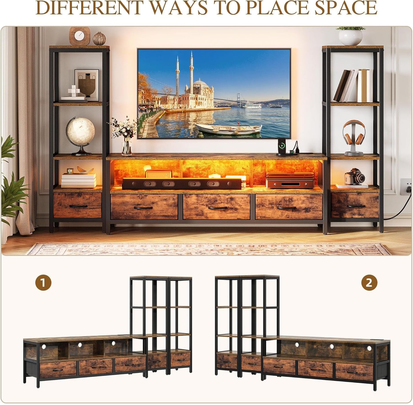 TV Stands for 65 Inch TV Entertainment Center with 2 Industrial 4-Tier Bookshelves, LED TV Stands for Living Room, Modern Farmhouse TV Console Cabinet with Power Outlets, Rustic Brown