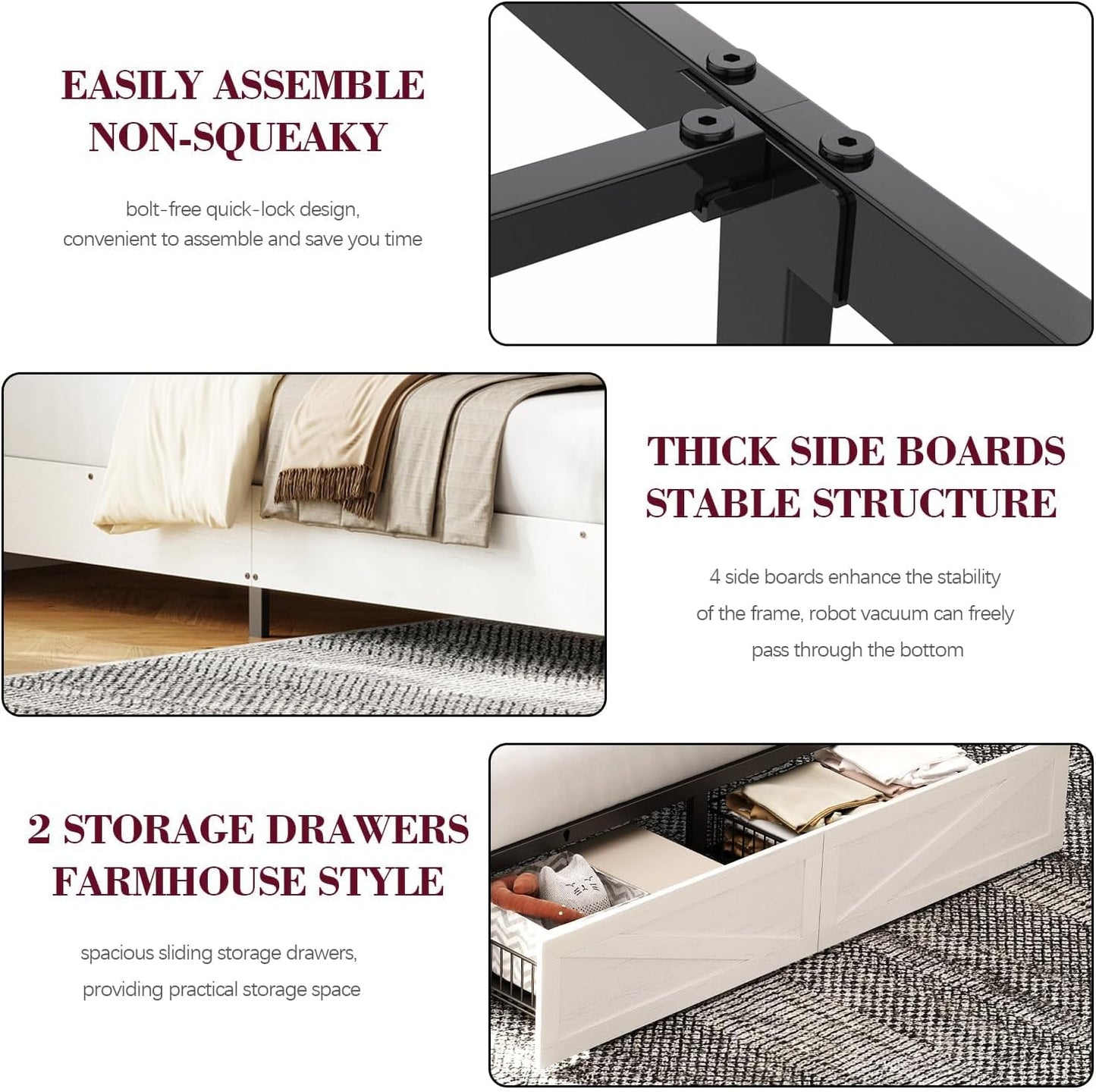 Full Size Bed Frame with Bookshelf, High Headboard with Charging Station and LED Light, Farmhouse Bed with Storage Drawers, No Box Spring Needed, Noise Free, Easy Assembly, Antique White