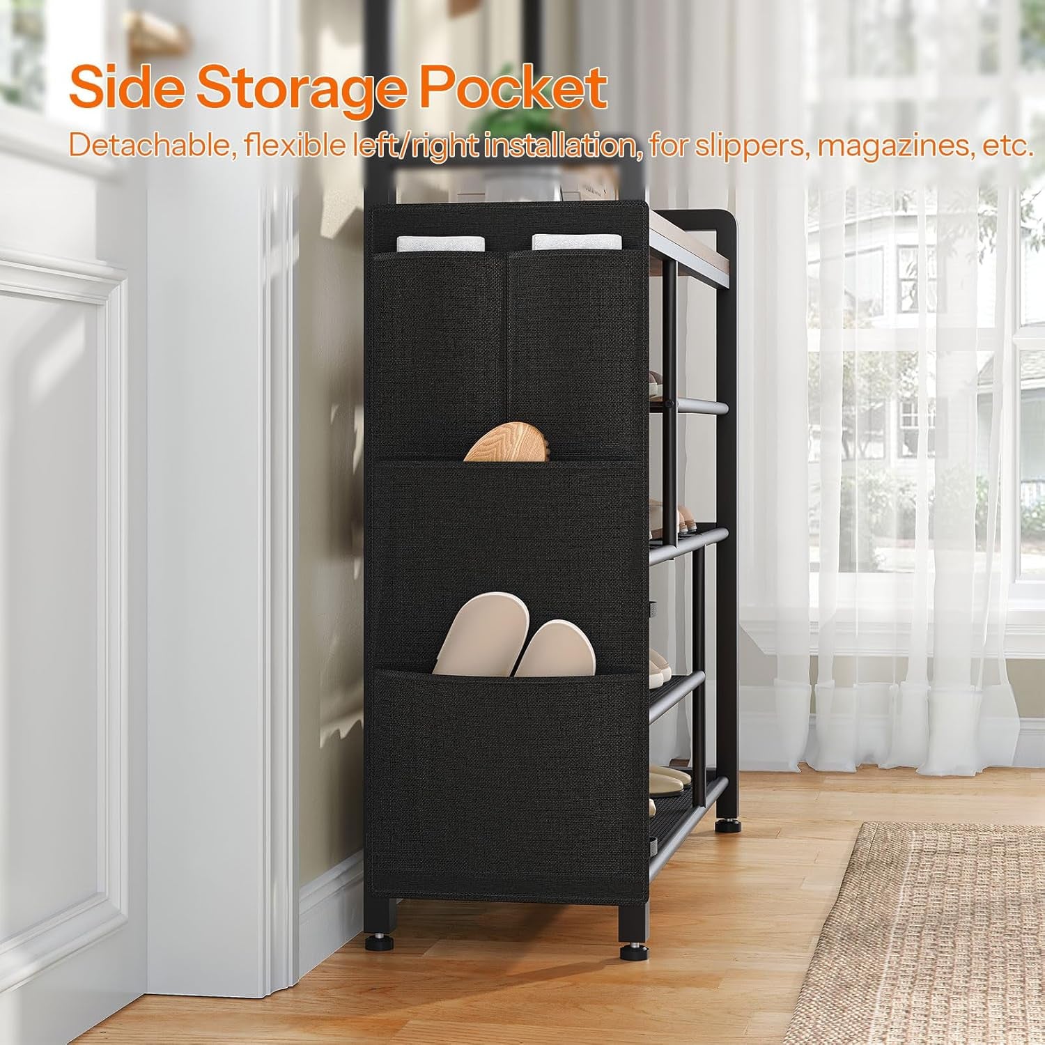 Hall Tree with Bench, Shoe Rack with Coat Rack, Coat Rack with Shoe Storage, 5 Tier Shoe Storage Organizer with Oxford Fabric Side Pockets, Coat and Shoe Rack Entryway, Rustic Brown BF45MT01