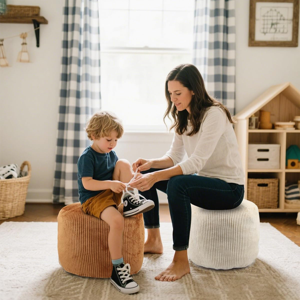 round Corduroy Pouf Cover Only, 20"X 16" Unstuffed Decorative Ottoman Foot Stool Rest, Washable Storage Bean Bag Chair Floor Pouf Covers for Living Room Bedroom, Beige