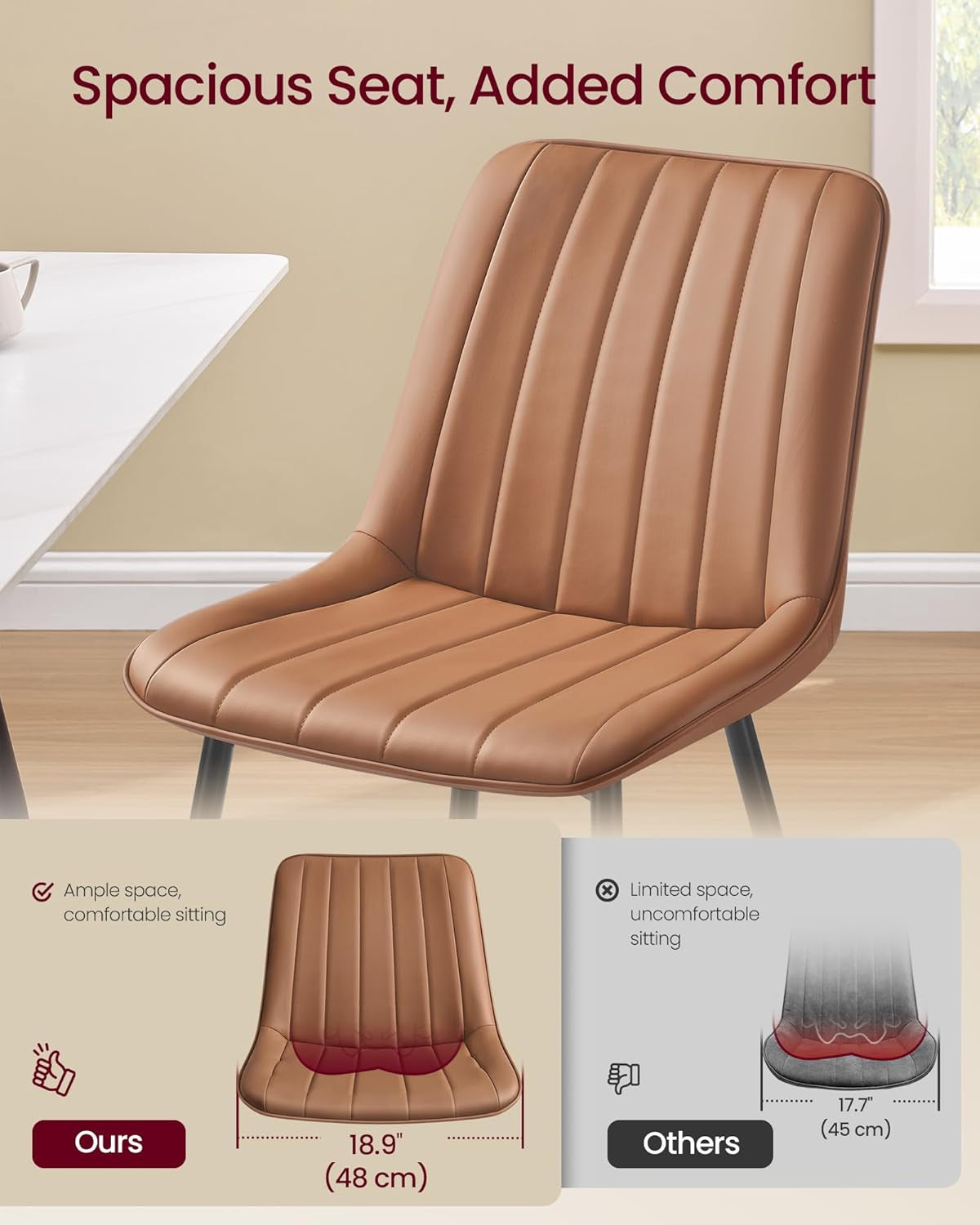 Dining Chairs Set of 4, Upholstered Kitchen Chairs, Synthetic Leather, Max. Load 264 Lb, Steel Legs, Curved Backrest, for Dining Room, Caramel Brown and Ink Black ULDC090KN03-2J