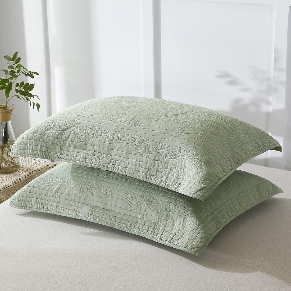 100% Cotton Quilted Pillow Sham Floral Printed Pillow Cover King Size, Set of 2, Green