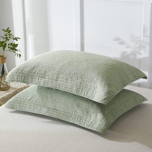 100% Cotton Quilted Pillow Sham Floral Printed Pillow Cover King Size, Set of 2, Green