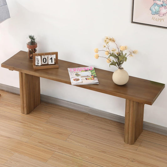 Solid Wood Entryway Bench - 51.2" Fluted Farmhouse Bench, Indoor Long Dining Benches Seat Narrow End of Bed Benches for Entry Way, Kitchen, Living Room and Bedroom, Brown