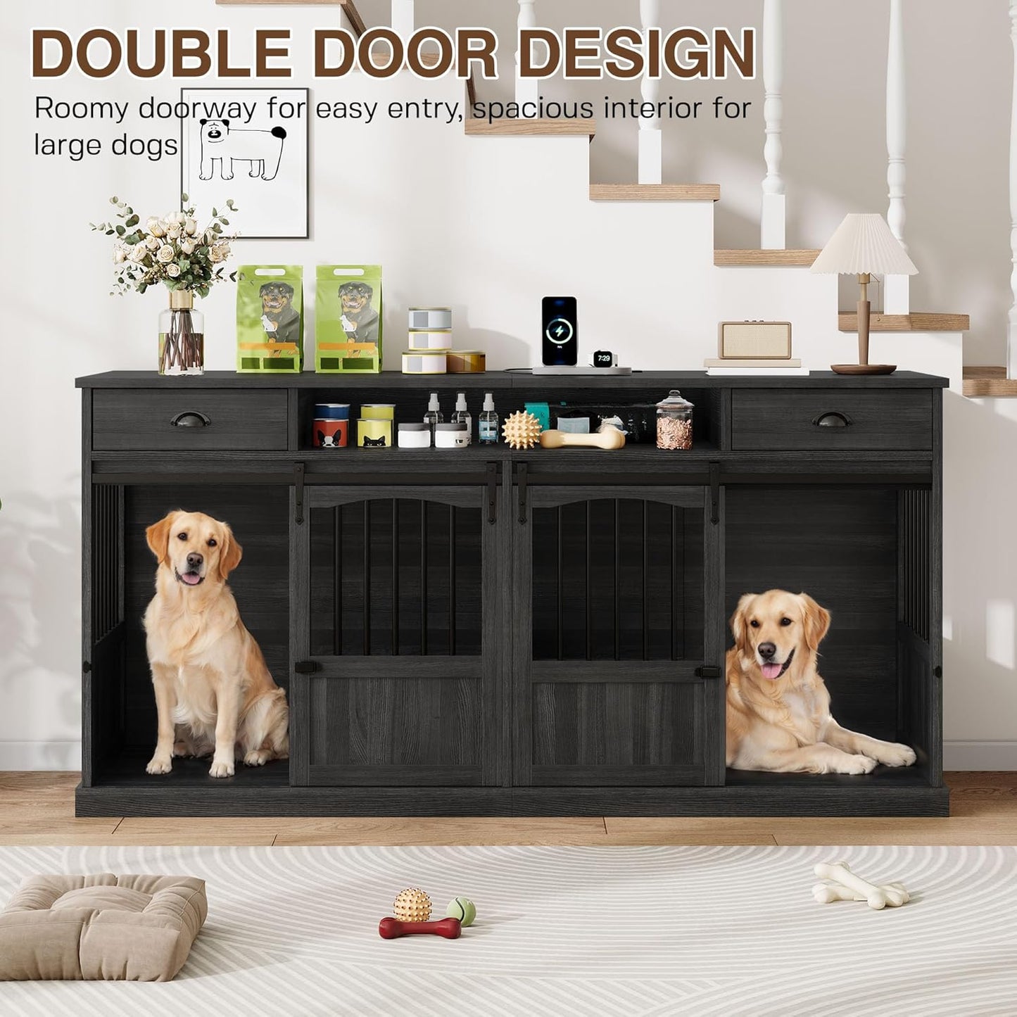 70.86" Double Dog Crate Furniture with Storage for 2 Medium Large Dogs Farmhouse Wooden Dog Kennel Furniture with 2 Sliding Doors Divider & Power Outlet Decorative Dog Cage TV Stand Dark Grey
