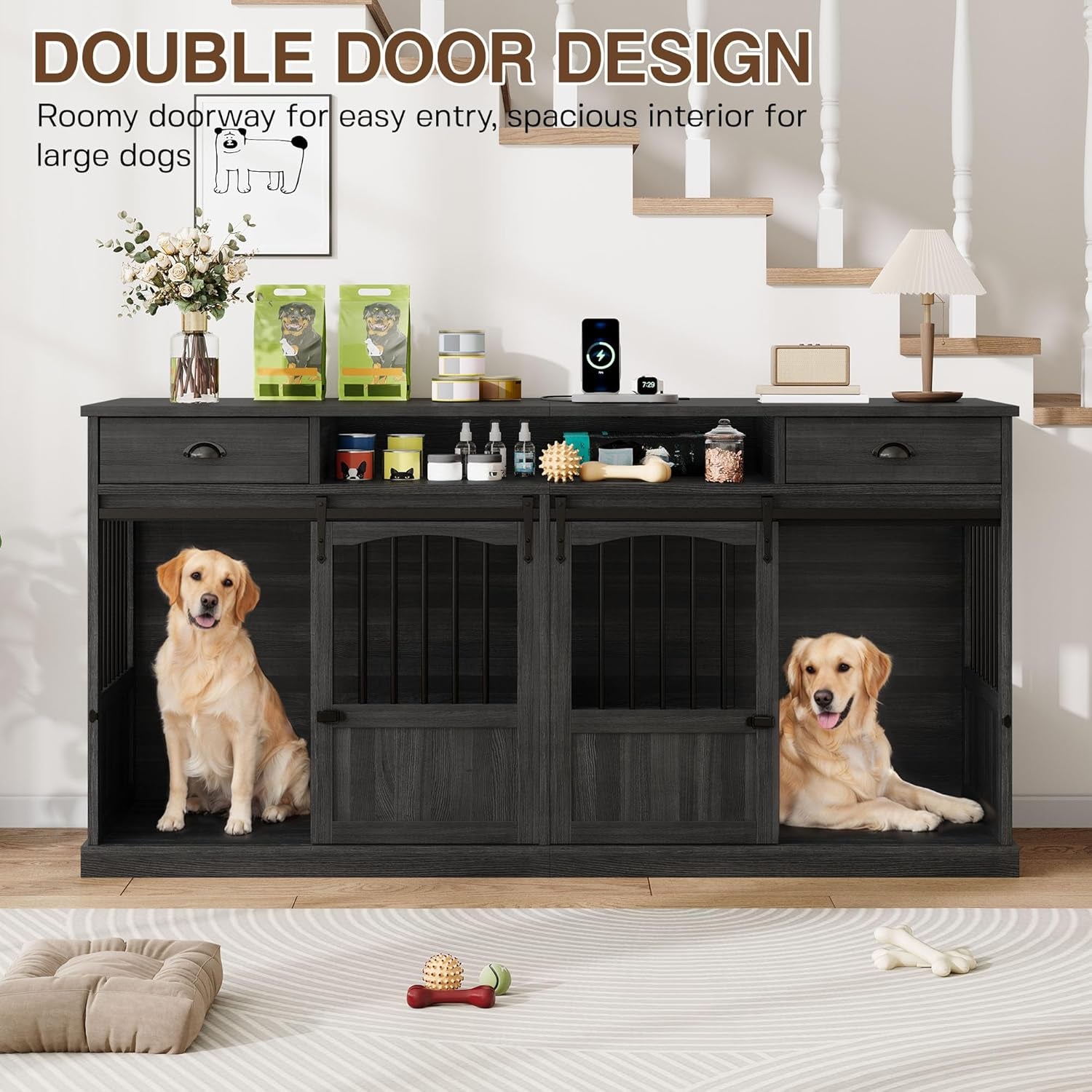 70.86" Double Dog Crate Furniture with Storage for 2 Medium Large Dogs Farmhouse Wooden Dog Kennel Furniture with 2 Sliding Doors Divider & Power Outlet Decorative Dog Cage TV Stand Dark Grey