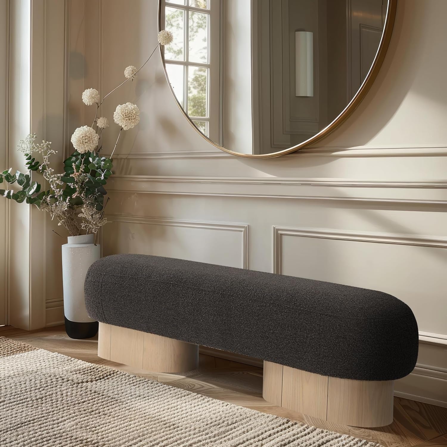 22001Brown Robertson Collection Art Deco Bench with Luxurious Brown Boucle Fabric and Rich Natural Oak Finish, 60.5" W X 18" D X 16" H, Brown
