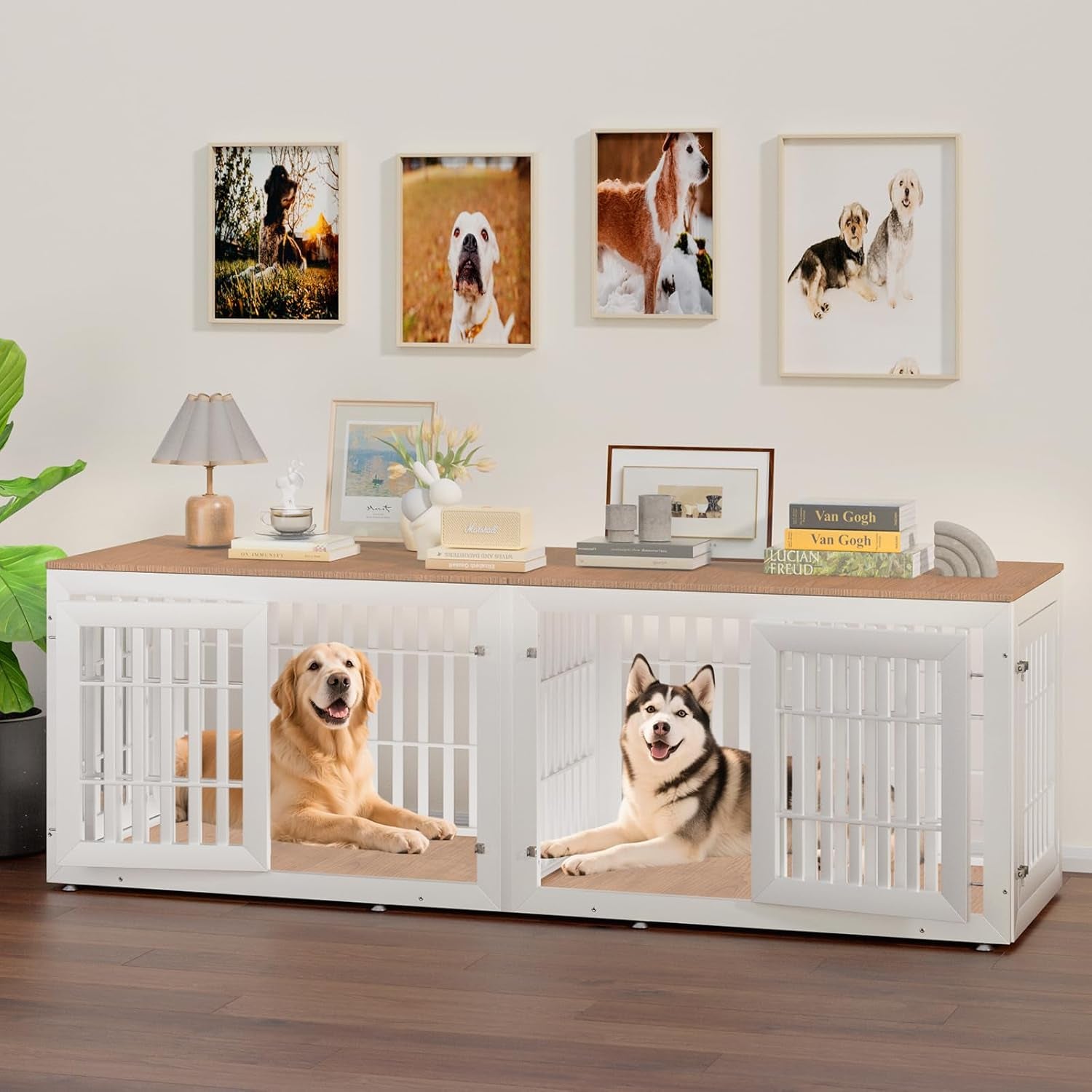 80" Heavy Duty Dog Crate Furniture for Small,Medium and Large Dogs,Rustic Wooden Dog Cage Kennel Indoor Furniture with Waterproof Top,Decorative Pet House Side End Table (White & Wood)