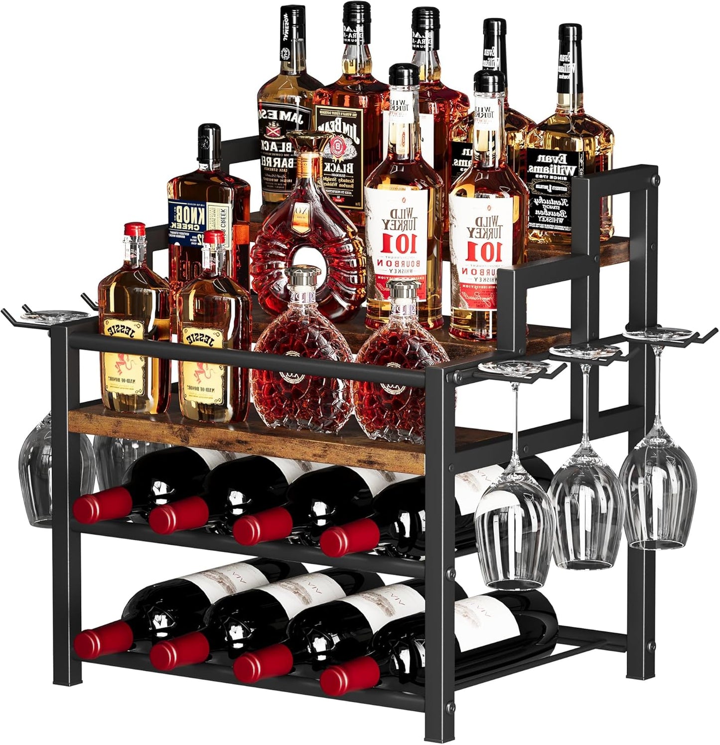 5-Tier Liquor Bottle Display Shelf, Holds up to 20 Bottles, Countertop Wine Racks with 6 Wine Glass Holders, Mini Wine Bar Cabinet for Home, All in One Coffee Syrup Whiskey Organizer