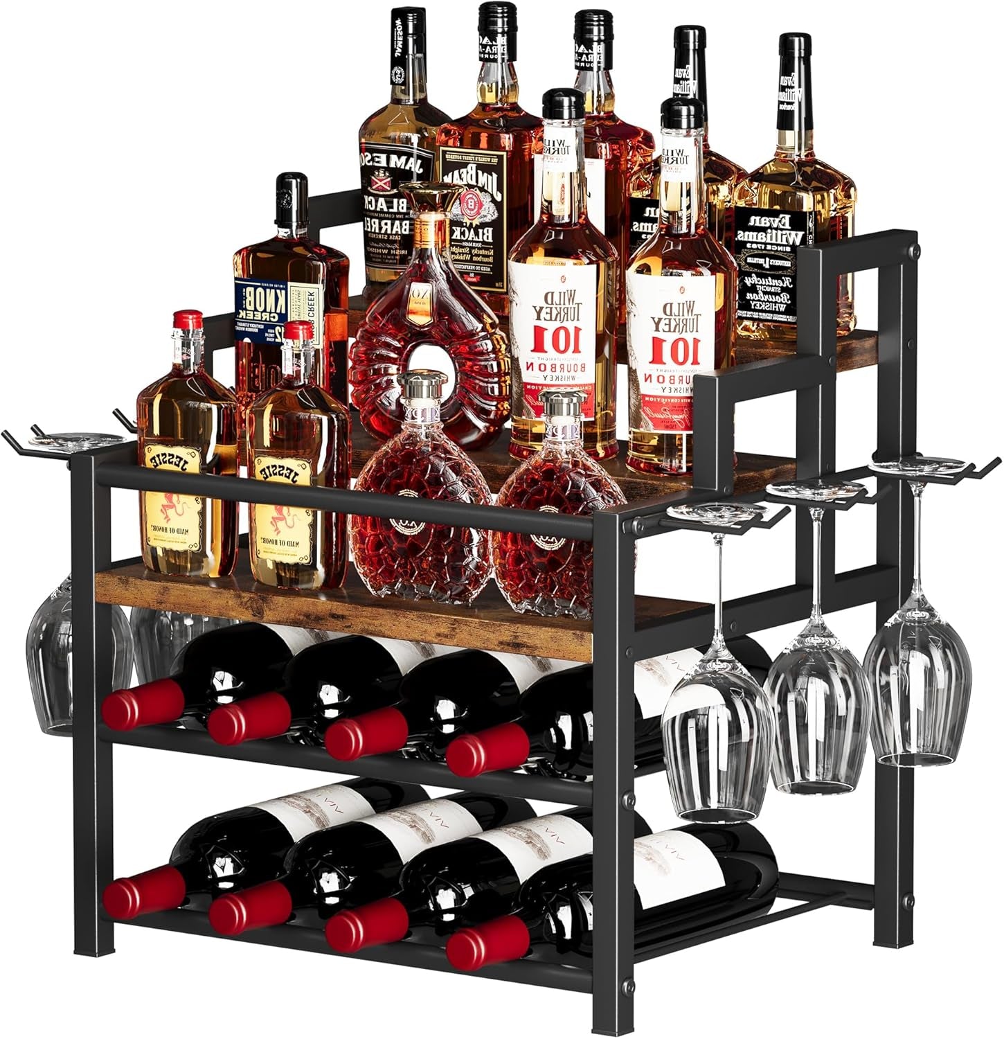 5-Tier Liquor Bottle Display Shelf, Holds up to 20 Bottles, Countertop Wine Racks with 6 Wine Glass Holders, Mini Wine Bar Cabinet for Home, All in One Coffee Syrup Whiskey Organizer