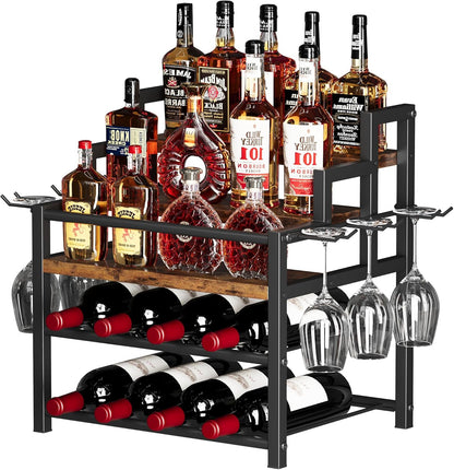 5-Tier Liquor Bottle Display Shelf, Holds up to 20 Bottles, Countertop Wine Racks with 6 Wine Glass Holders, Mini Wine Bar Cabinet for Home, All in One Coffee Syrup Whiskey Organizer