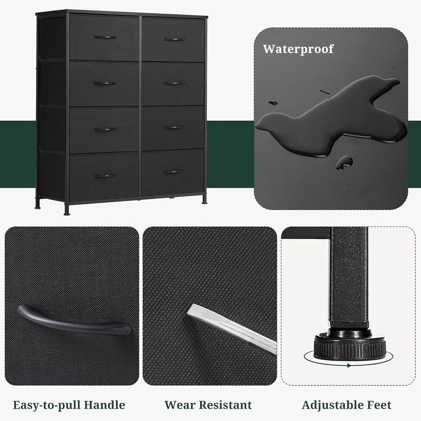 8-Drawer Dresser for Bedroom, Anti-Tip Tall Storage Organizer Chest of Drawers with Wooden Top and Metal Frame Fabric Bins for Closet, Living Room, Hallway, Entryway, Black