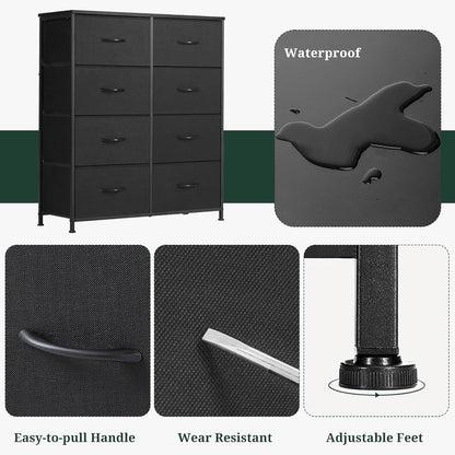 8-Drawer Dresser for Bedroom, Anti-Tip Tall Storage Organizer Chest of Drawers with Wooden Top and Metal Frame Fabric Bins for Closet, Living Room, Hallway, Entryway, Black