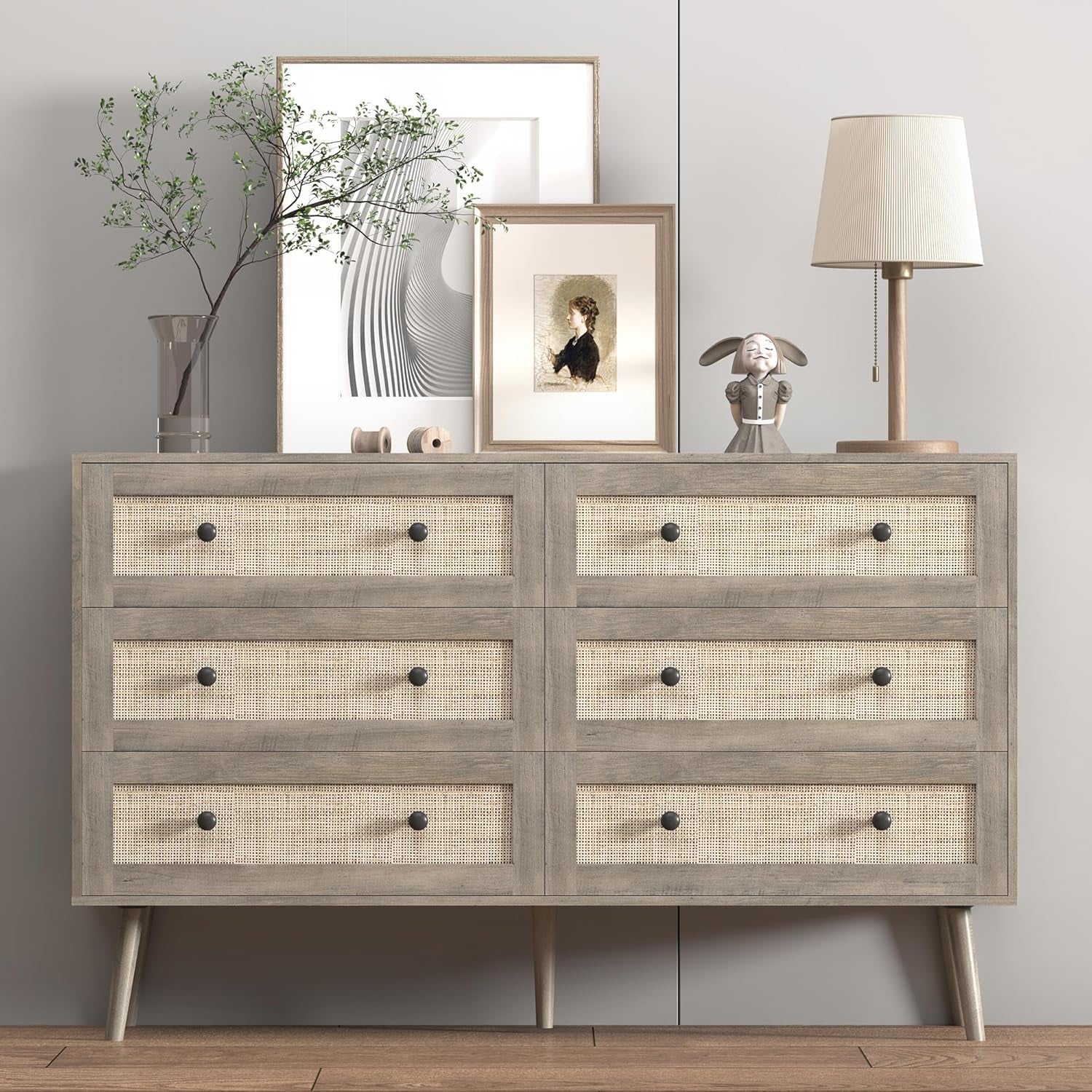 Dresser for Bedroom with 6 Drawer, Rattan Chest of Dressers, Wide Wood Double Dresser, Wooden TV Stand Closet Storage Furniture, Boho Small Clothes Organizer for Hallway, Living Room, Entryway, Grey