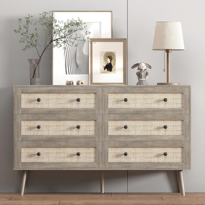 Dresser for Bedroom with 6 Drawer, Rattan Chest of Dressers, Wide Wood Double Dresser, Wooden TV Stand Closet Storage Furniture, Boho Small Clothes Organizer for Hallway, Living Room, Entryway, Grey