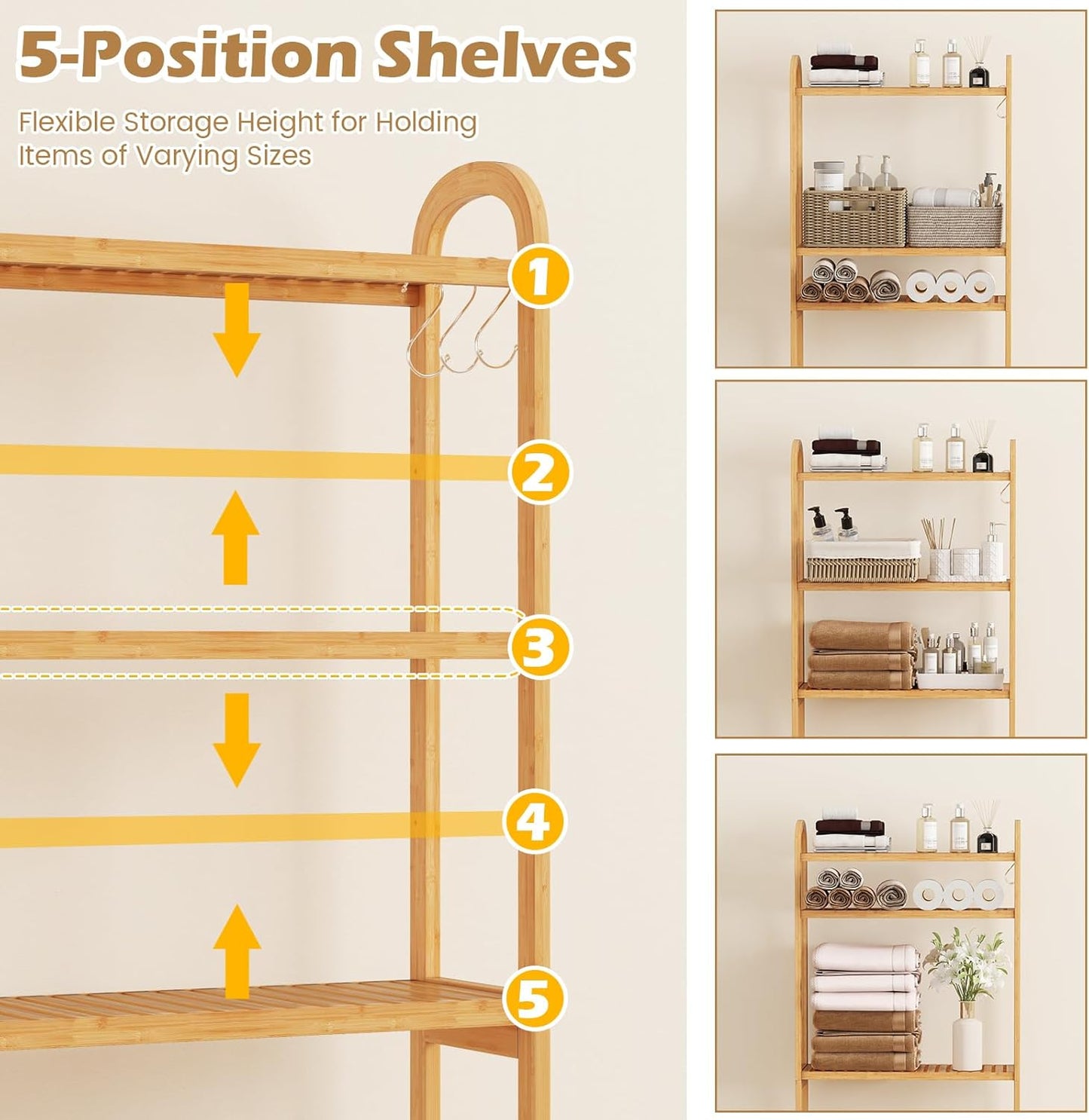 over the Toilet Storage, 3-Tier Bamboo Toilet Rack with 5-Position Shelves, 3 Hooks, Adjustable Bottom Bar, Freestanding Bathroom Shelf Organizer for Laundry Room, Space Saver, Natural