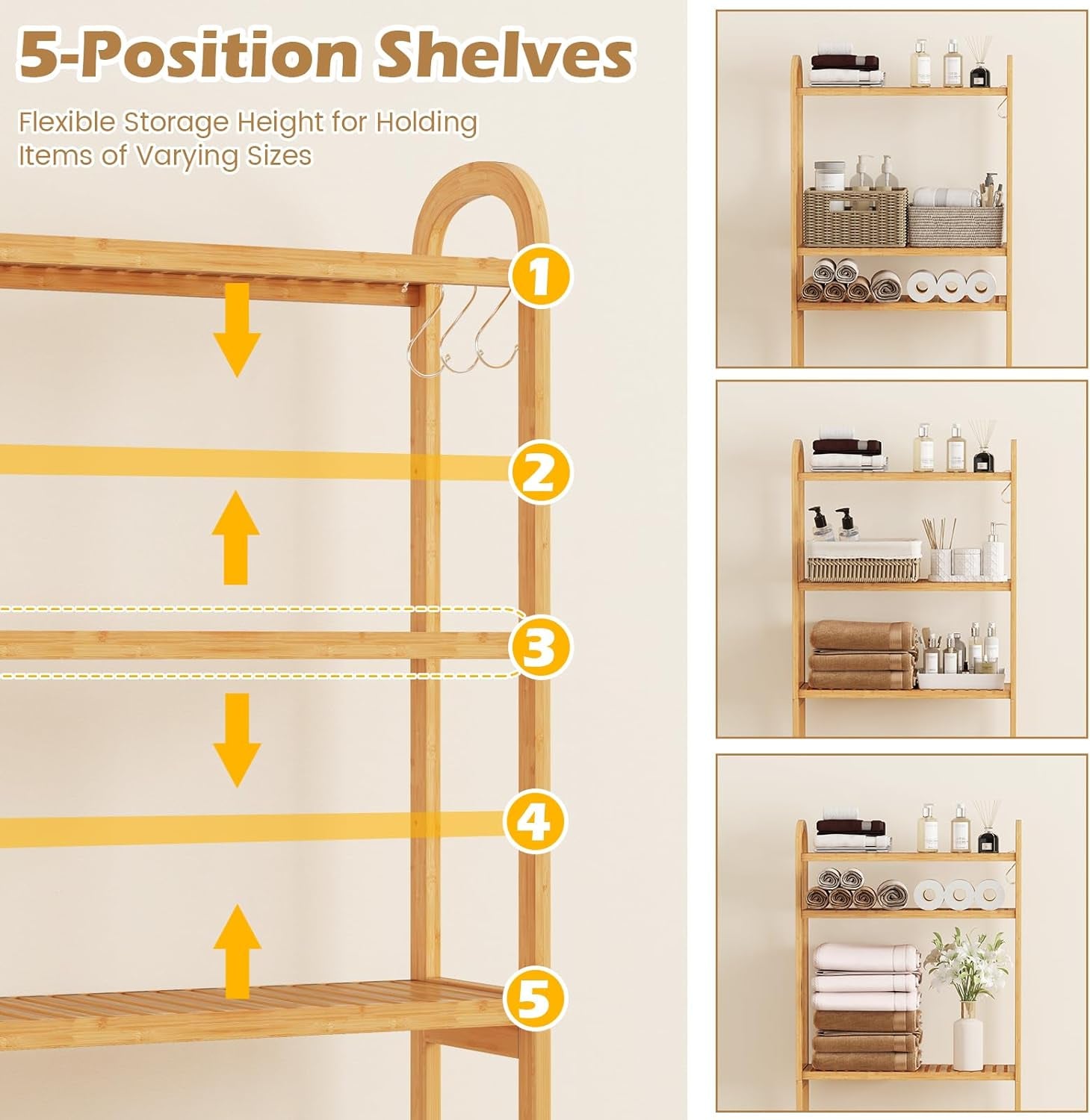 over the Toilet Storage, 3-Tier Bamboo Toilet Rack with 5-Position Shelves, 3 Hooks, Adjustable Bottom Bar, Freestanding Bathroom Shelf Organizer for Laundry Room, Space Saver, Natural