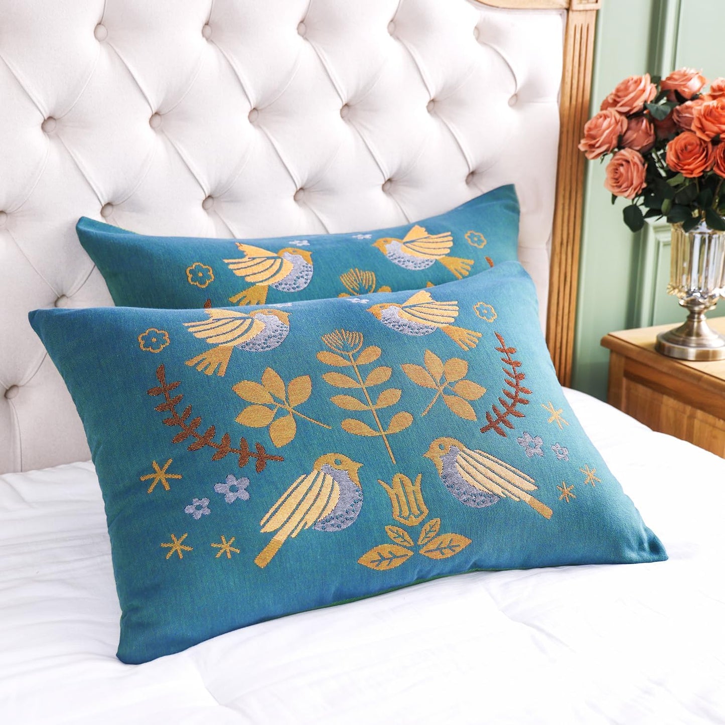 100% Organic Washed Cotton King Boho Pillowcases for Skin-Friendly Set of 2-1000 Thread Thick Count, Bird Pattern Pillow Shams Cover, Soft Breathable Pillow Cases,20X36 Inches-Teal