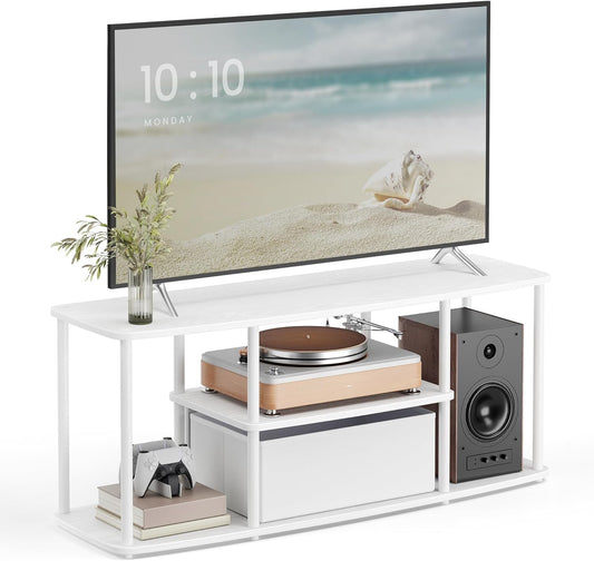 Superfast Toolless Assembly, TV Stand for Tvs up to 50 Inches, TV Cabinet Unit, Media Center Table, Living Room, 43 X 14 X 18 Inches, Shelves, Snow White and Matte White ULTV500W01