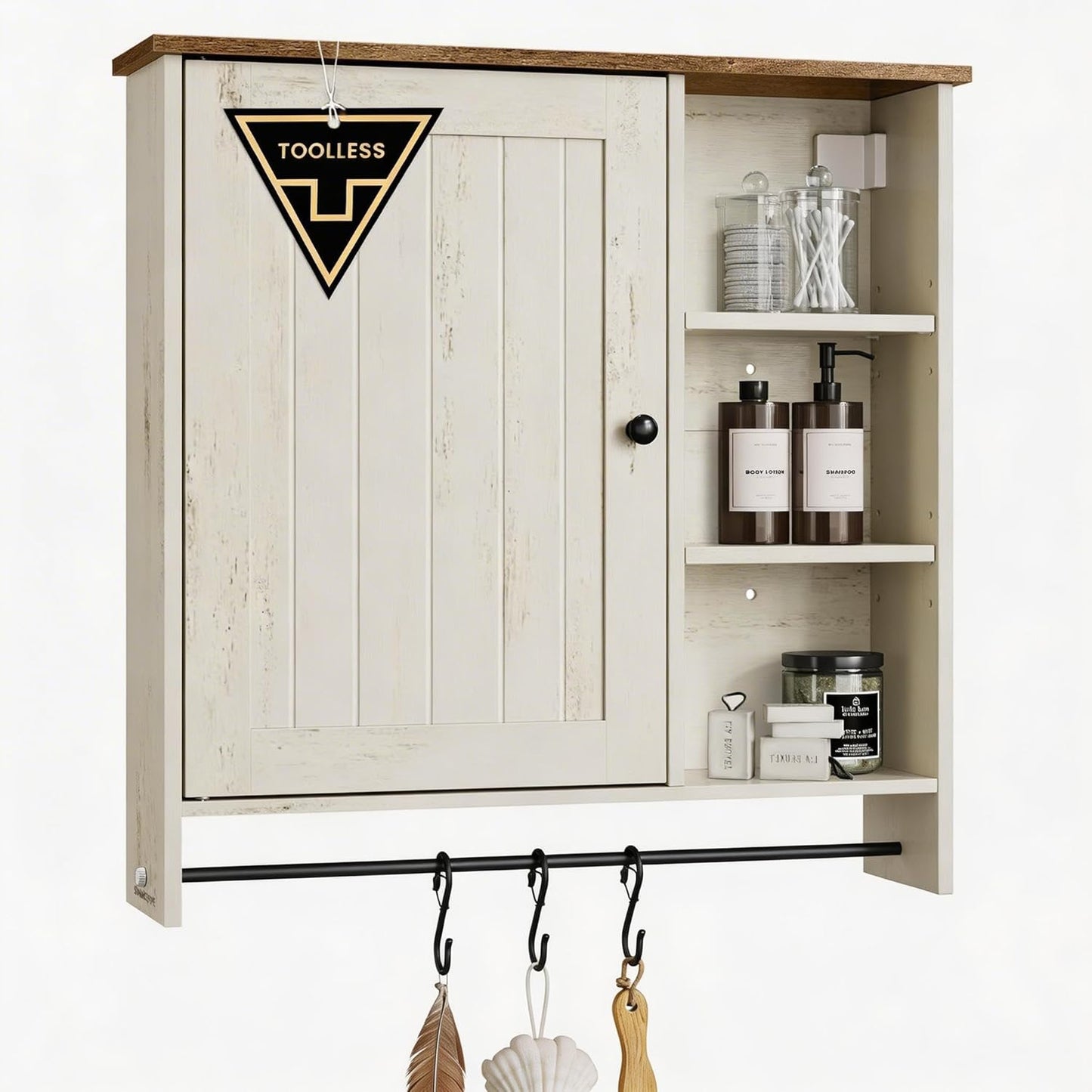 Bathroom Wall Mounted Storage Cabinet, Superfast Toolless Assembly, over the Toilet Hanging Medicine Cabinet with Adjustable Shelves & Door, for Kitchen/Pantry, Rustic White UBBC113WJ04S