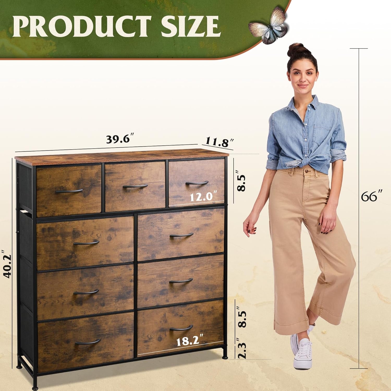 9-Drawer Dresser, Fabric Storage Tower for Bedroom, Hallway, Entryway, Closet, Tall Chest Organizer Unit with Fabric Bins, Steel Frame, Wood Top, Easy Pull Handle, Rustic Brown Wood Grain Print