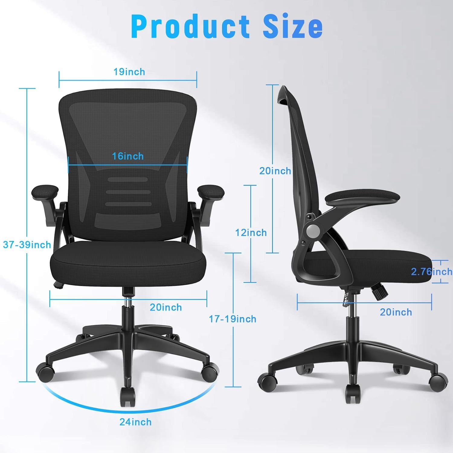 Ergonomic Office Chair, Mid Back Desk Chairs with Adjustable Height, Swivel Chair with Flip-Up Arms and Lumbar Support, Breathable Mesh Computer Chair for Home/Study/Working, Dark Black