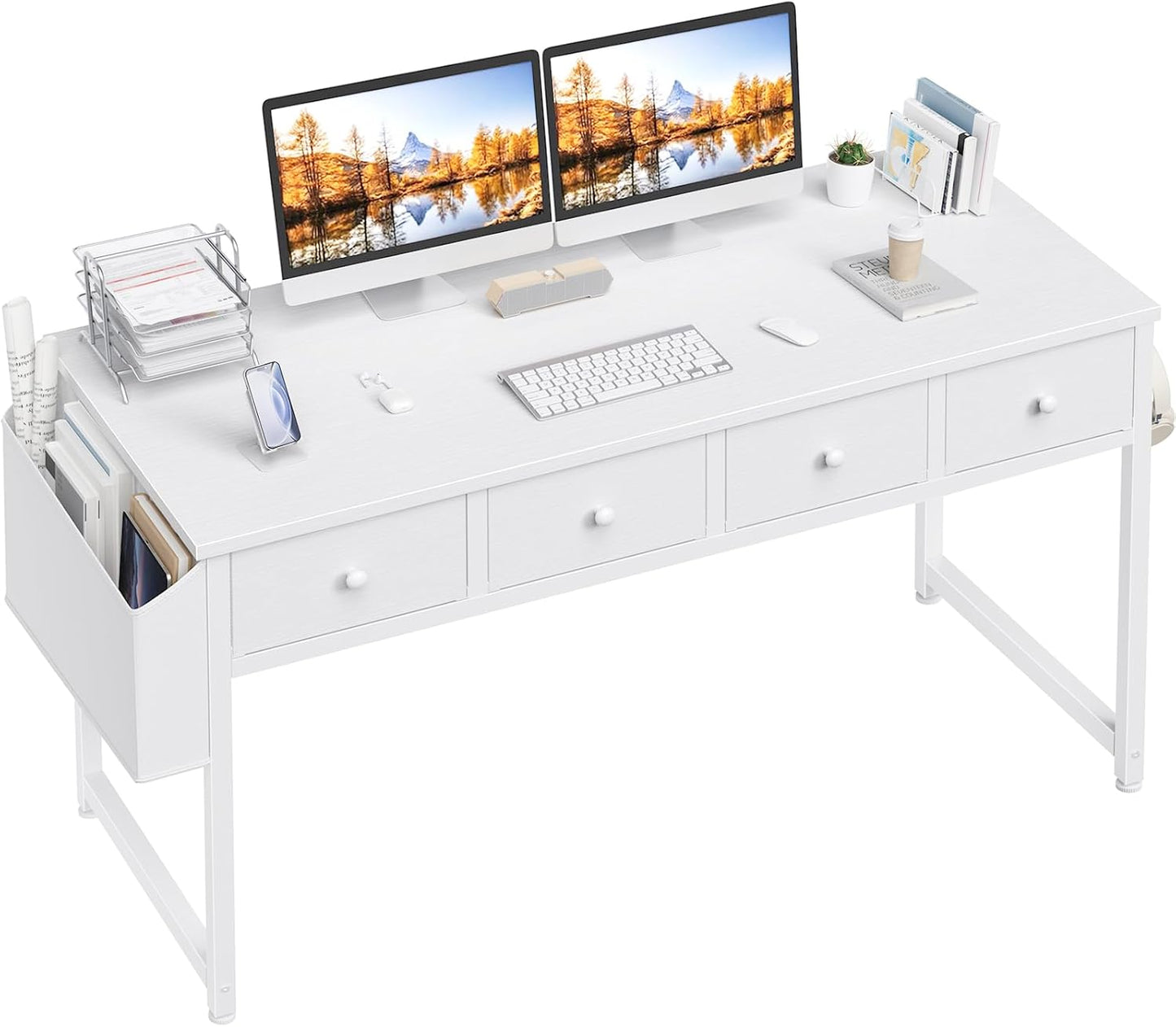 47 Inch White Computer Desk with Fabric Drawers for Home Office Bedroom, Vanity Desk with Drawer Storage and Side Pouch, Study Writing Table, White