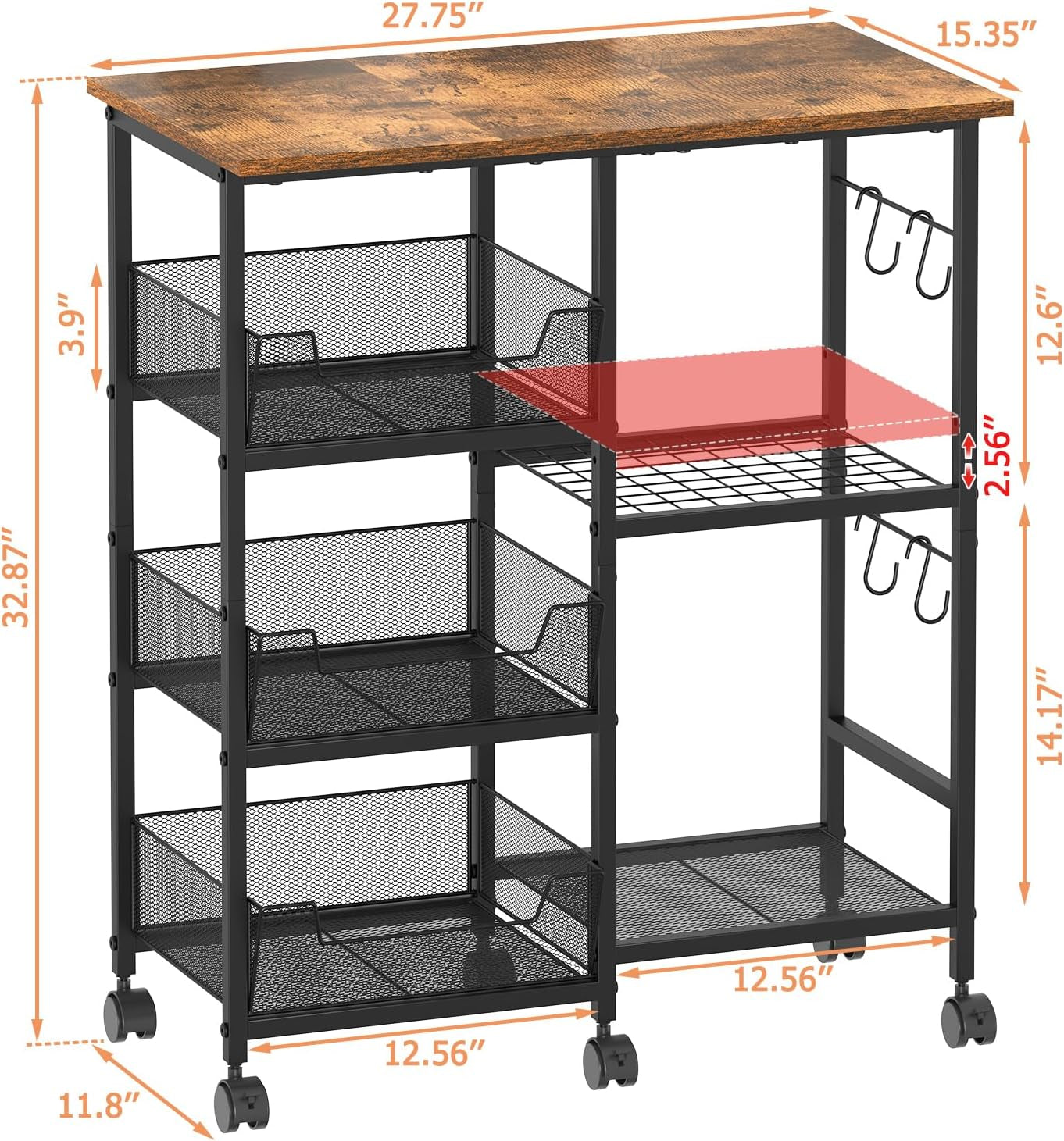 Rolling Kitchen Storage Microwave Cart, Kitchen Island with Adjustable Shelf on Lockable Wheels, Countertop 27.75"L × 15.35"W, Bakers Rack with Tilt-Out Baskets, for Kitchen, Coffee Bar, Living Room