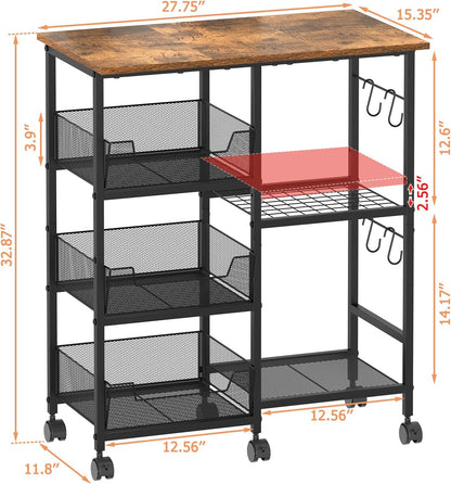 Rolling Kitchen Storage Microwave Cart, Kitchen Island with Adjustable Shelf on Lockable Wheels, Countertop 27.75"L × 15.35"W, Bakers Rack with Tilt-Out Baskets, for Kitchen, Coffee Bar, Living Room