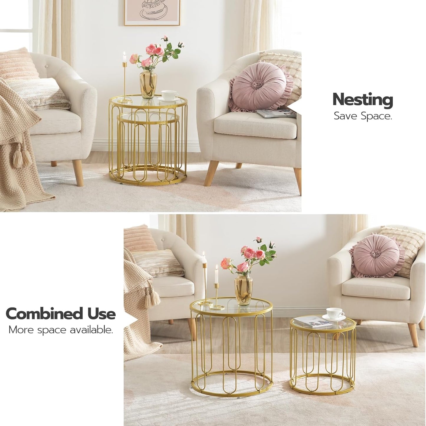 Small Coffee Table Set of 2, Gold Accent End Tables with Metal Frame, round Coffee Side Table with Tempered Glass Tabletop, for Living Room, Bedroom, Gold GD113BZ01