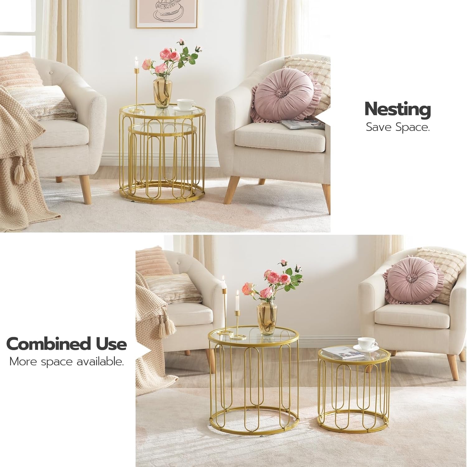 Small Coffee Table Set of 2, Gold Accent End Tables with Metal Frame, round Coffee Side Table with Tempered Glass Tabletop, for Living Room, Bedroom, Gold GD113BZ01