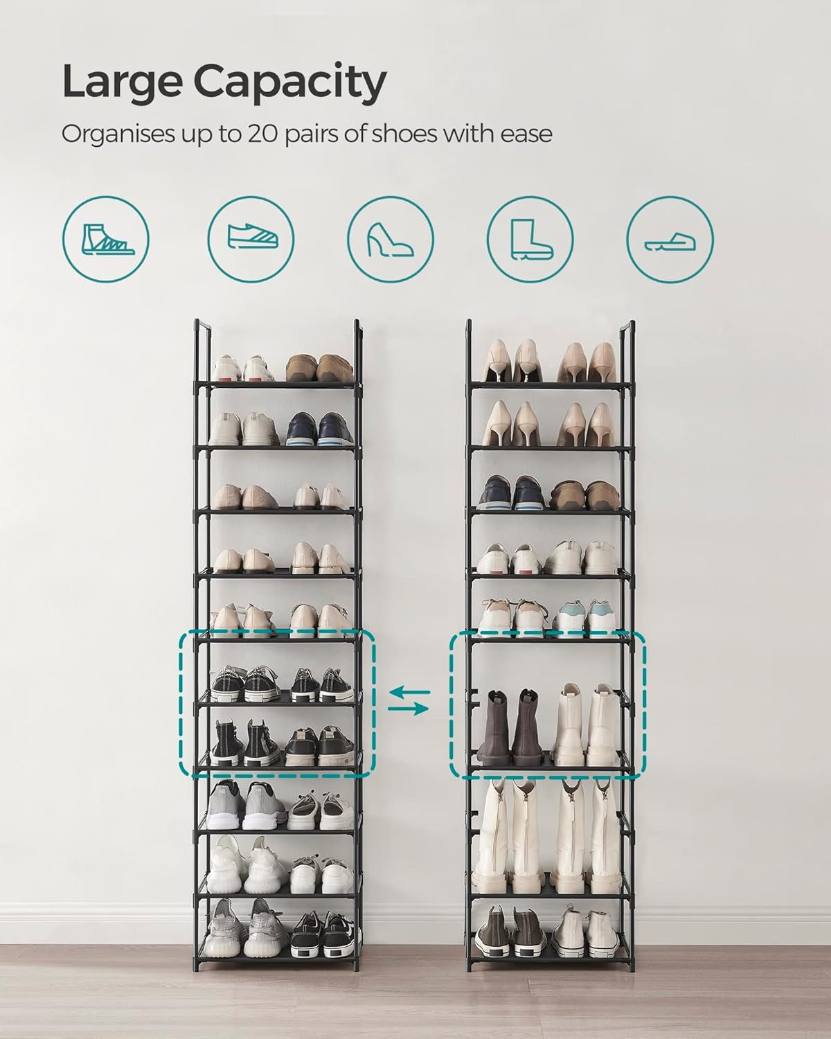 Shoe Rack, 10 Tier Shoe Shelf, Shoe Storage Organizer, Space-Saving, 11 X 17.7 X 68.1 Inches, Metal Frame, Non-Woven Fabric Shelves, for Entryway, Bedroom, Black ULSH010B02