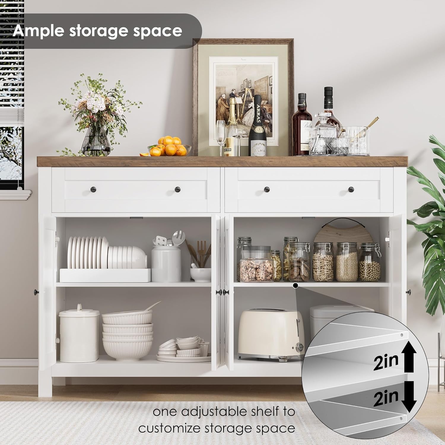 55" Buffet Sideboard Cabinet with Storage, Modern Farmhouse Coffee Bar with Drawers and Shelves, Barn Doors Storage Cabinet for Kitchen, Living Room, White