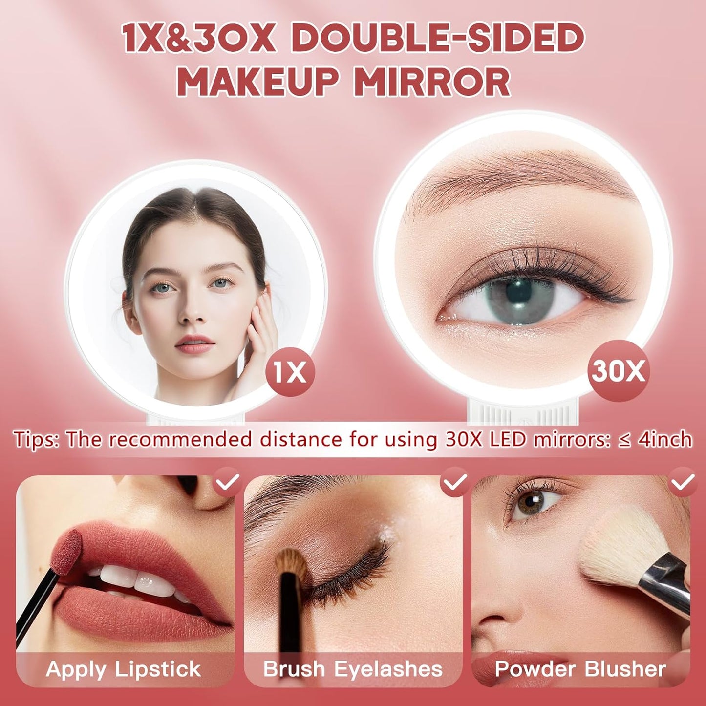 1X/30X Magnifying Mirror with Light and Adjustable Brightness, Makeup Mirror with 360° Rotation Adjustable Folding Handle, Portable Rechargeable Double Sided Mirrors, Foldable Vanity Mirror (White)