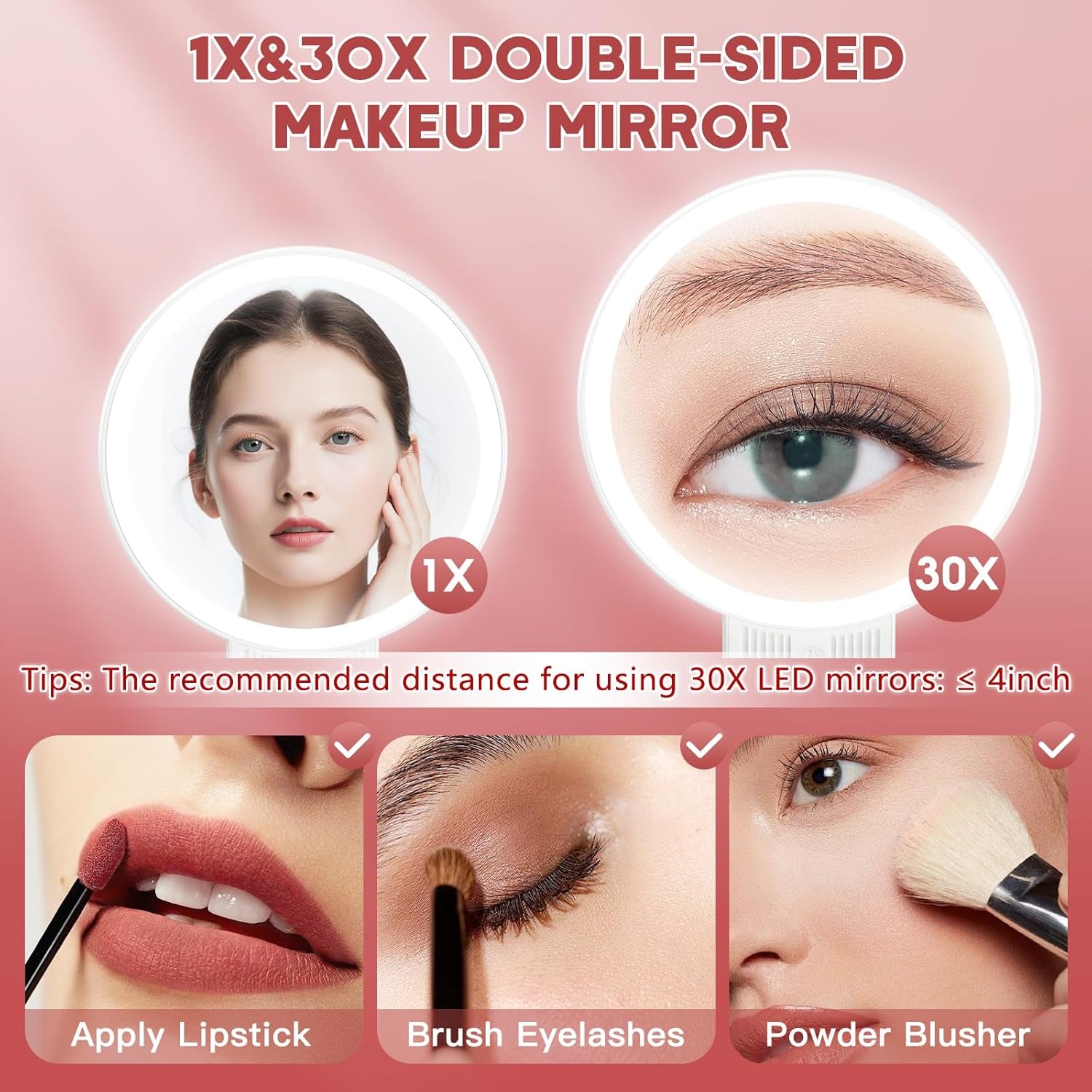 1X/30X Magnifying Mirror with Light and Adjustable Brightness, Makeup Mirror with 360° Rotation Adjustable Folding Handle, Portable Rechargeable Double Sided Mirrors, Foldable Vanity Mirror (White)