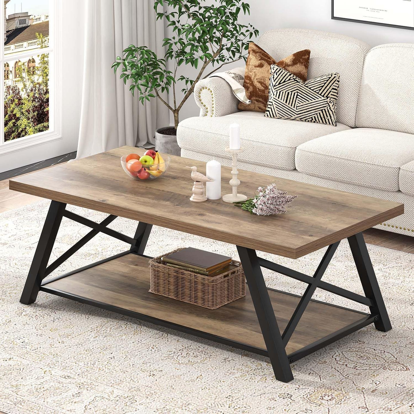 Modern Coffee Table, Rectangle Center Table for Living Room with Storage Shelf, Industrial Wood and Metal Cocktail Tea Table, Rustic Oak, 47 Inch