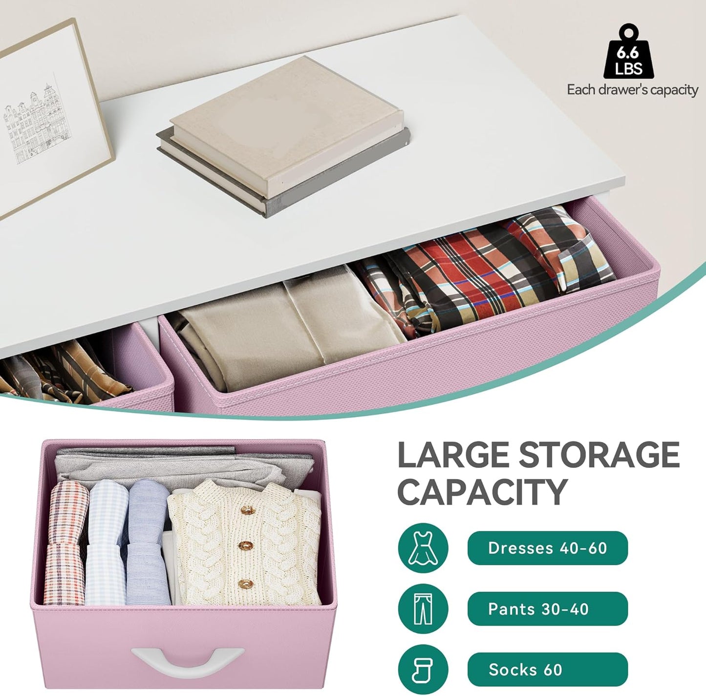 Wide Storage Tower with 5 Drawers - Fabric Dresser, Organizer Unit for Bedroom, Living Room, Closets & Nursery - Sturdy Steel Frame, Easy Pull Fabric Bins & Wooden Top (Pink)