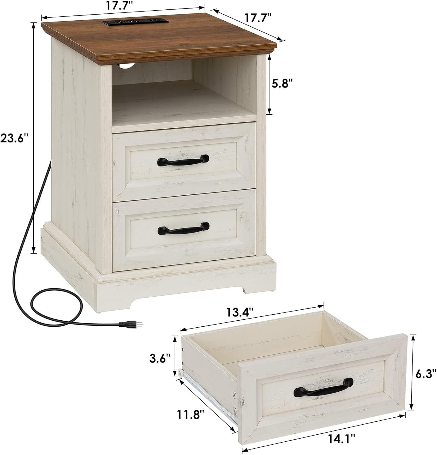 18'' Farmhouse Nightstand with Charging Station, Bedside Tables with Storage, Bed Side End Table with Open Shelf, 2 Drawers Wood Night Stand Dresser for Bedroom, Living Room, Rustic White