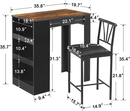 Small Bar Table and Chairs Tall Kitchen Breakfast Nook with Stools/Dining Set for 2, Storage Shelves, Space-Saving, Gray