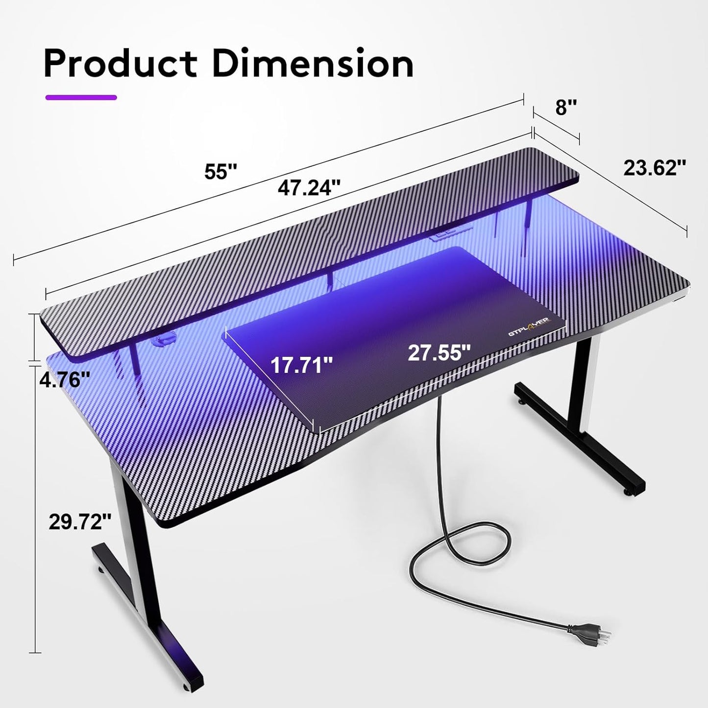 55 Inch Gaming Desk, Computer Gamer Desk with Monitor Stand, Ergonomic Carbon Fiber Surface Gaming Table with Power Outlet and Mouse Pad for Home Office, Colorful