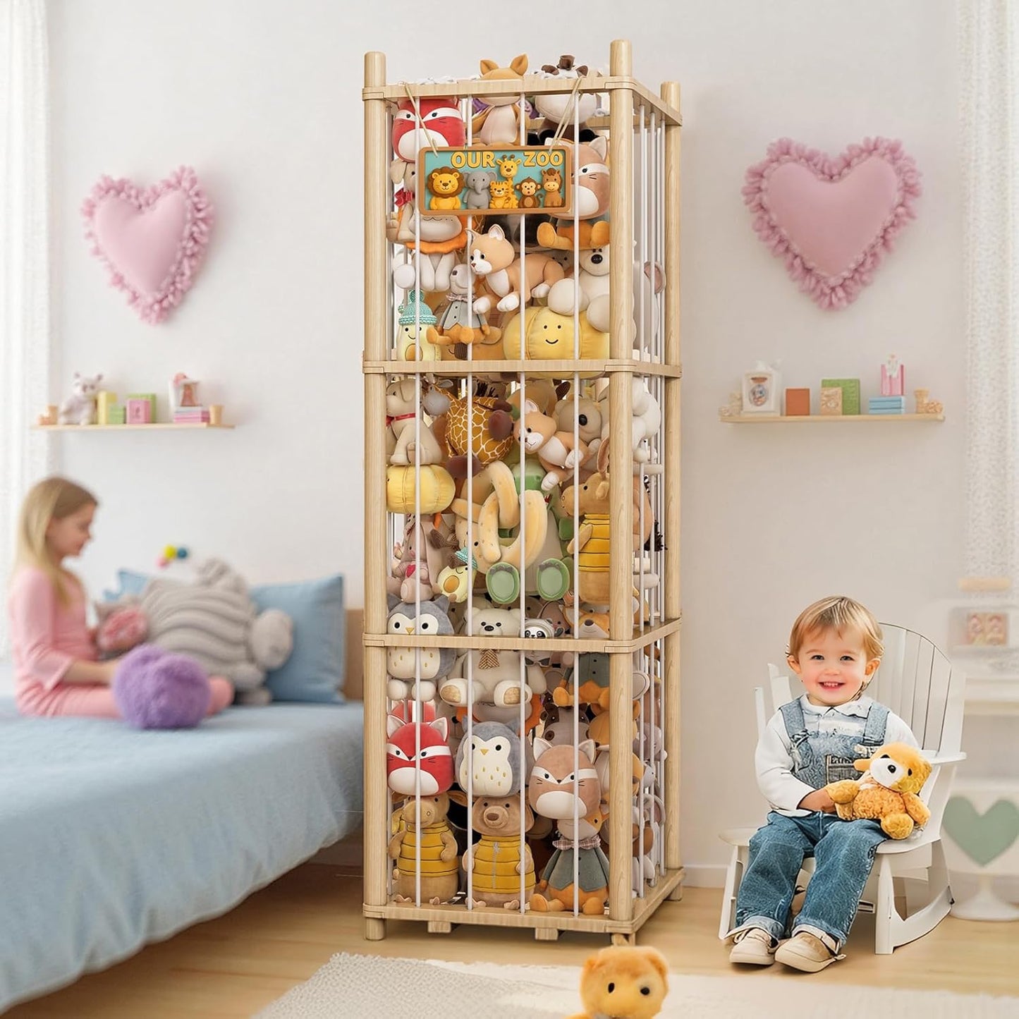 Wooden Stuffed Animals Storage Tower, Vertical Stuffy Animal Zoo Organizer with Nameplate, Large Stuffed Animal Cage for Kids Room, Stuffy Storage Holder for Nursery and Playroom Natural Wood
