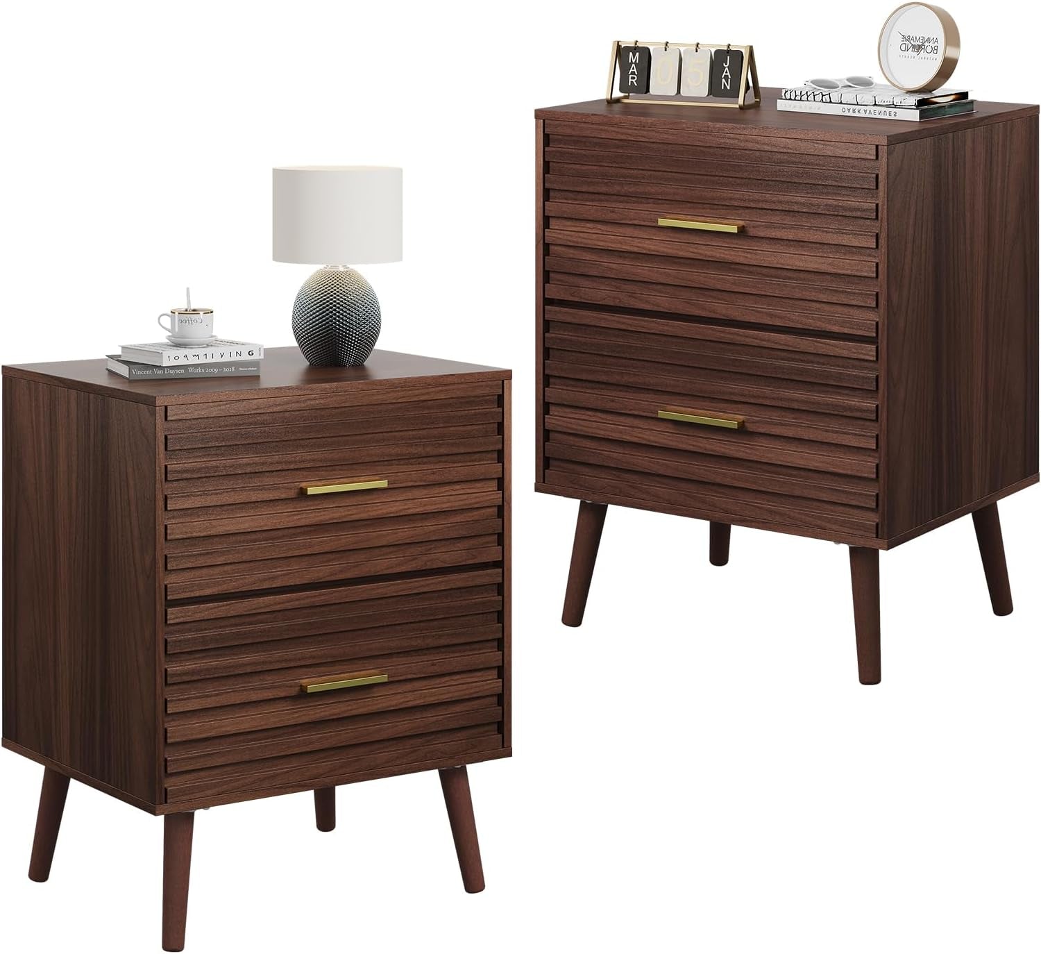 Wood Night Stand Set of 2 with 2 Drawers, Mid Century Modern Nightstand Sets, Fluted Bed Side Tables for Bedroom, Dorm, Living Room End Table
