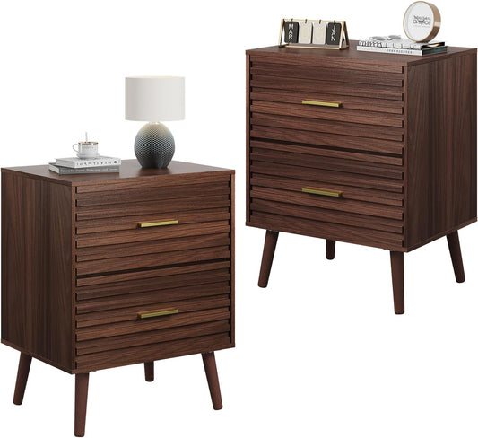 Wood Night Stand Set of 2 with 2 Drawers, Mid Century Modern Nightstand Sets, Fluted Bed Side Tables for Bedroom, Dorm, Living Room End Table