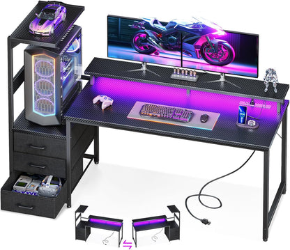 59 Inch Gaming Desk with USB Charging Ports & LED Light- Reversible Computer Desk with Storage Shelves & Monitor Stand, Modern Gamer Desk Table with Fabric Drawers & Side Hook, Carbon Fiber Black
