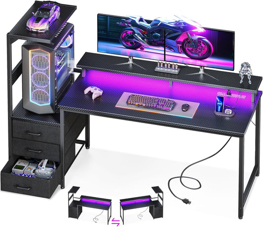 59 Inch Gaming Desk with USB Charging Ports & LED Light- Reversible Computer Desk with Storage Shelves & Monitor Stand, Modern Gamer Desk Table with Fabric Drawers & Side Hook, Carbon Fiber Black