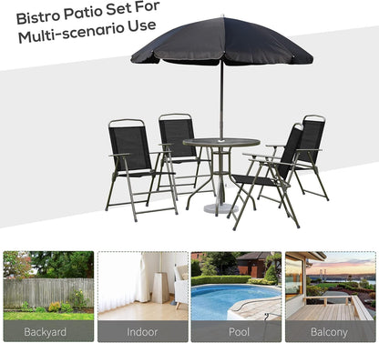 6 Piece Patio Dining Set for 4 with Umbrella, Outdoor Table and Chairs with 4 Folding Dining Chairs & round Glass Table for Garden, Backyard and Poolside, Black and Coffee