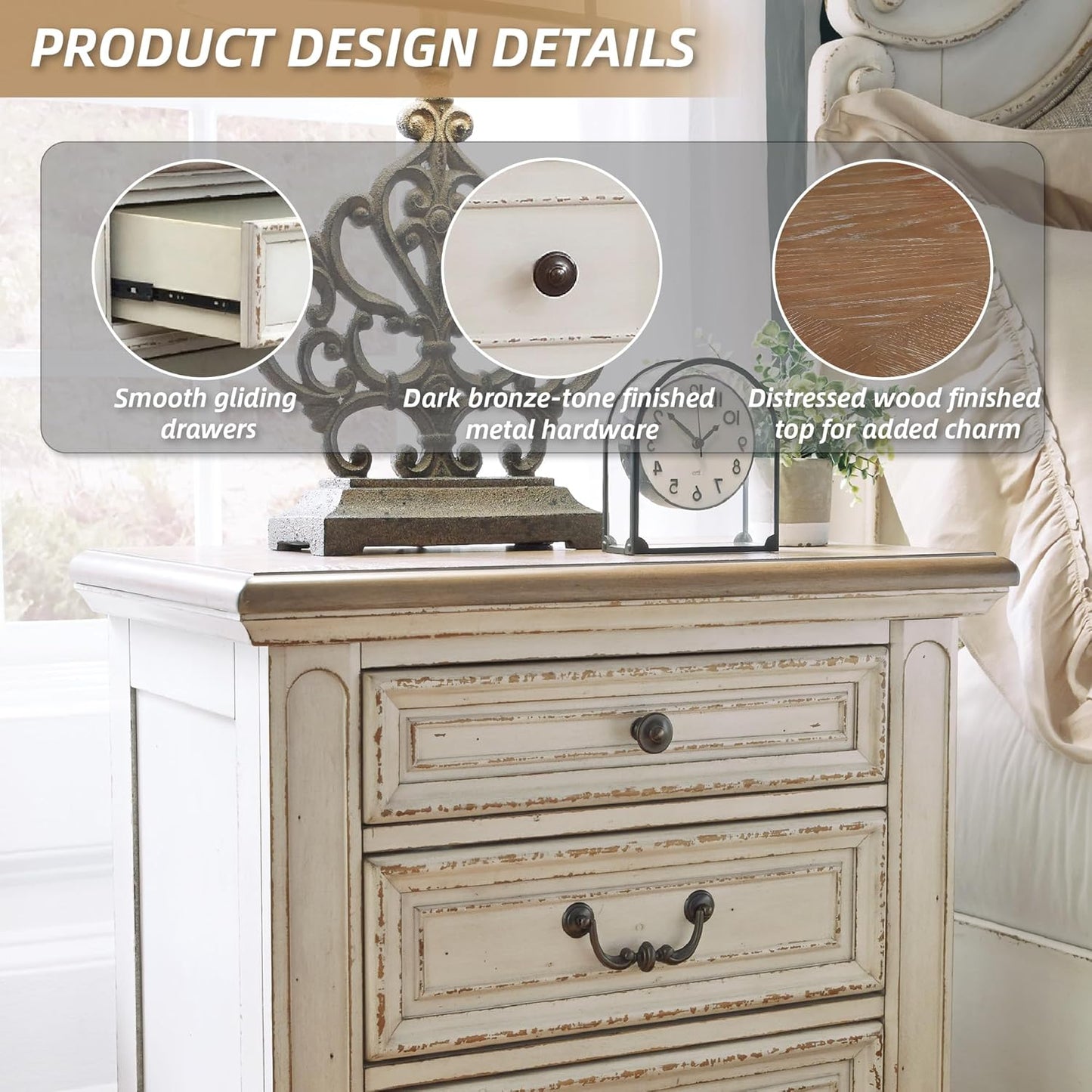 Realyn French Country 3 Drawer Nightstand with Electrical Outlets & USB Ports, 27.75" Tall, Chipped White