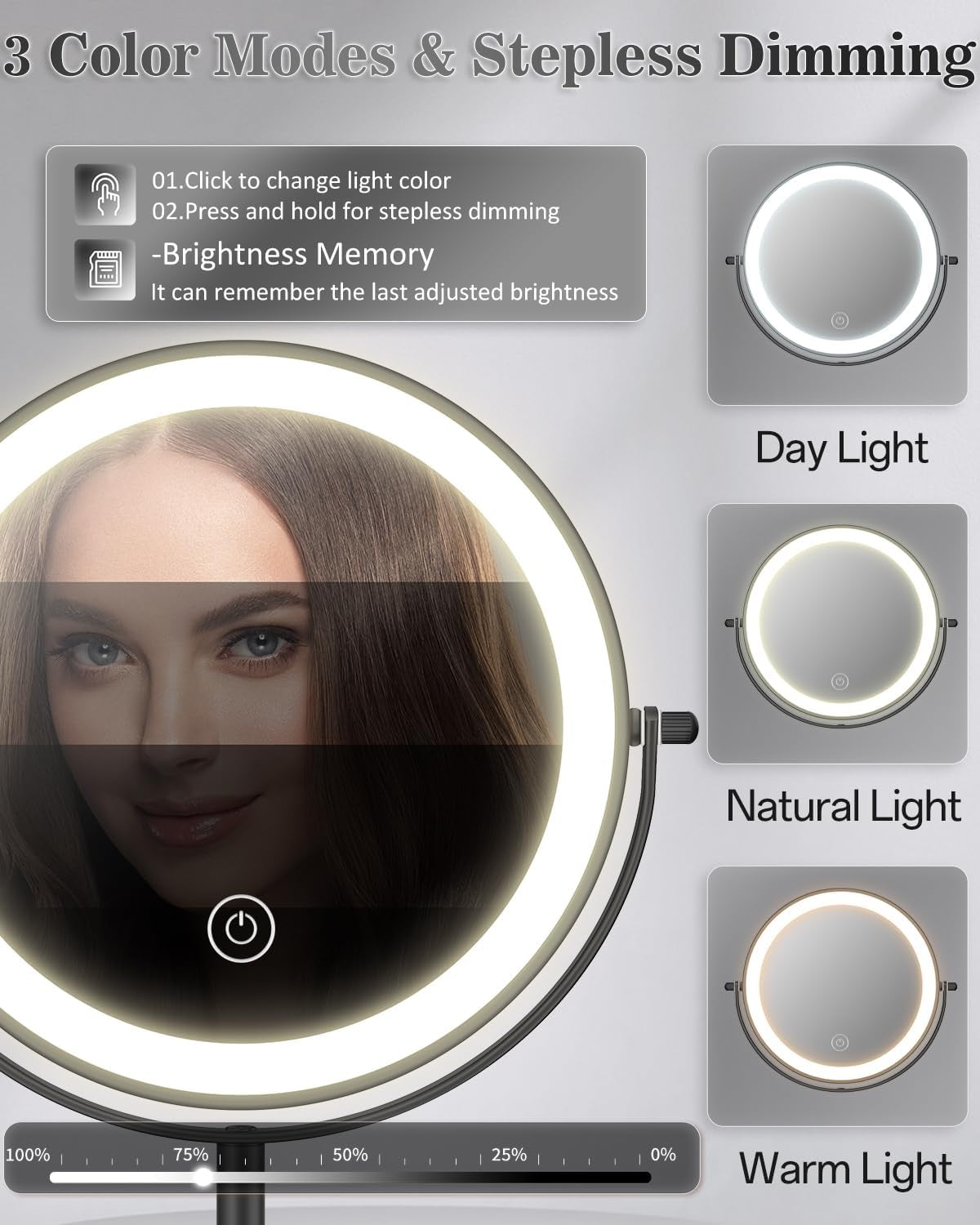 Makeup Mirror with Lights, 1X/30X Lighted Magnifying Mirror Height Adjustable, 3000Mah Rechargeable Double Sided Vanity Mirrors with 3 LED Lighting and Adjustable Brightness for Desk Women Gift