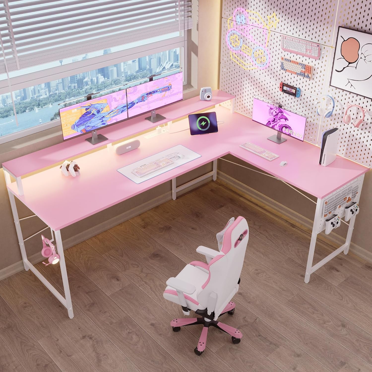 64 Inch L Shaped Gaming Desk with Power Outlets and Led Lights, Large Corner Computer Desk with Monitor Stand and Pegboard, PC Table for Home Office and Bedroom Pink